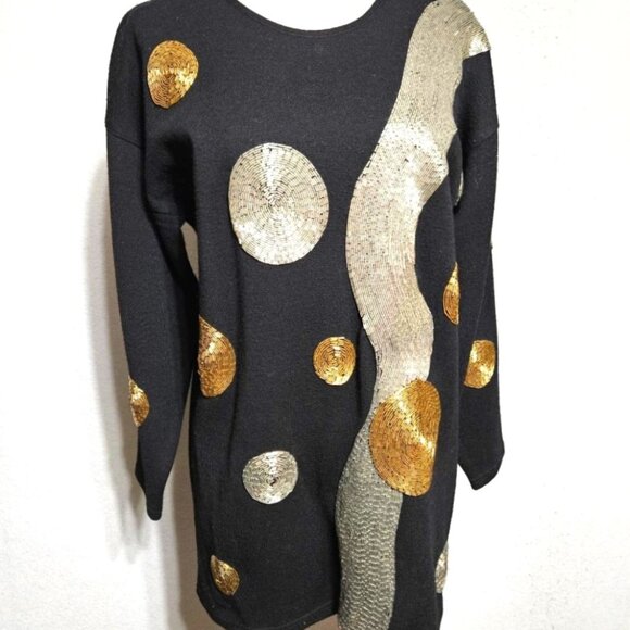 Space Age Futuristic Design Vintage 80s Marino Wool Lavishly Beaded Sweater - Picture 2 of 7